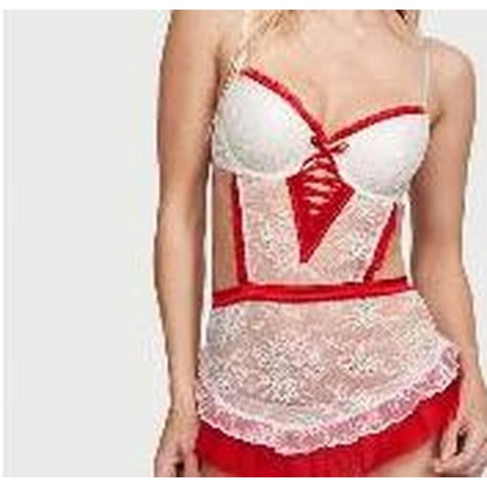 Victoria's Secret XXL White Red Lace Babydoll Lingerie Lace-Up Ruffle Chemise